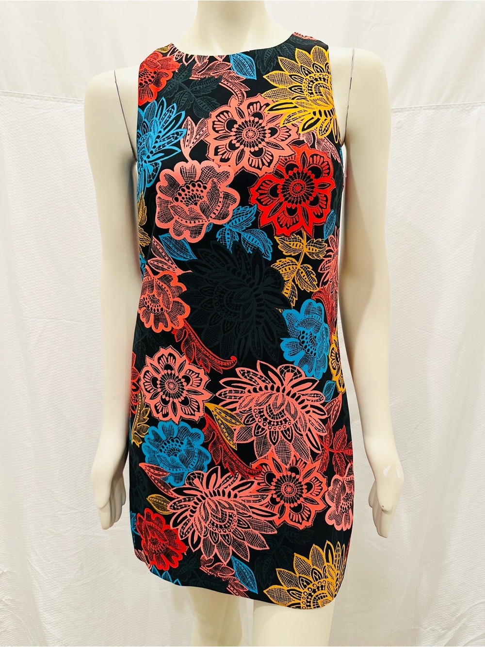 CeCe Black Mini Dress Bold Floral Print Sz 2
